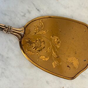 Vintage Handheld  Mirror Gold Toned Floral Pattern